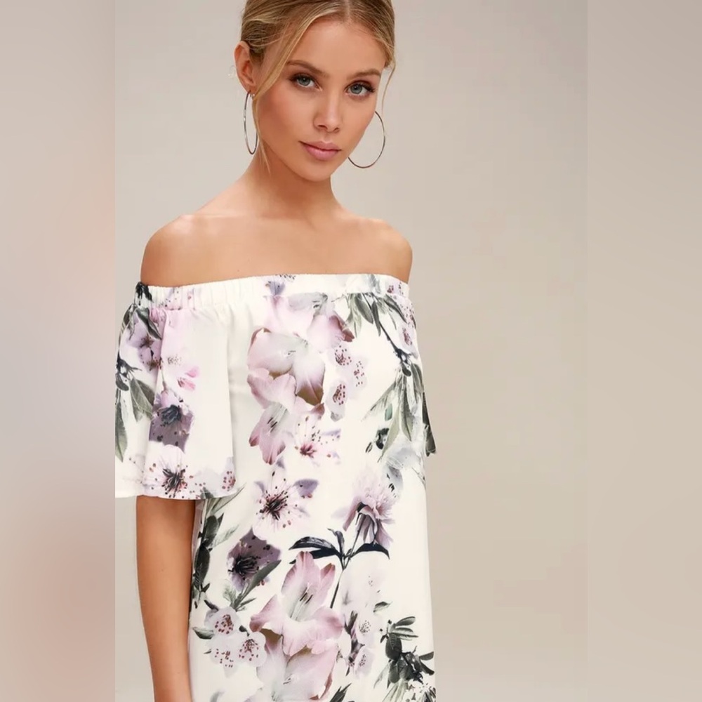 🧁LULUS Dream of U Ivory Floral Print Off-the-Shoulder Shift Dress.P2P-18.5”-19”. - Picture 3 of 7